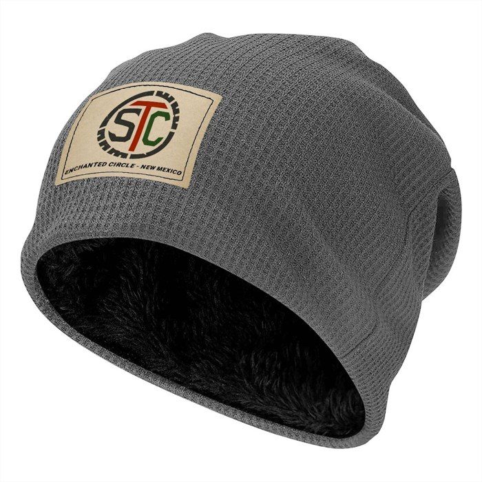 Gray waffle knit beanie with Stomp the Circle patch